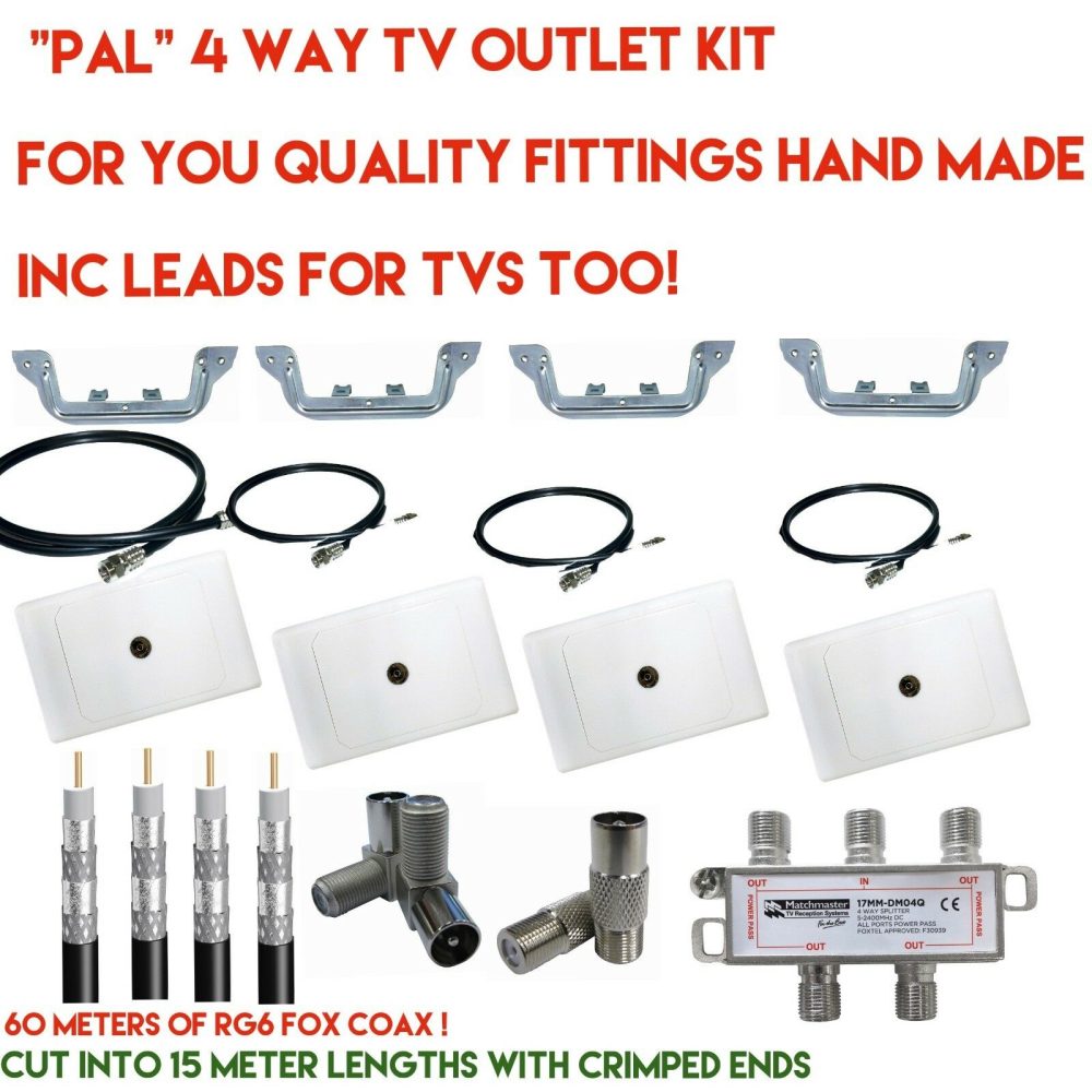 4 way tv outlet expansion kit (2) cable plugs f splitter leads rg6 quad Pal fox