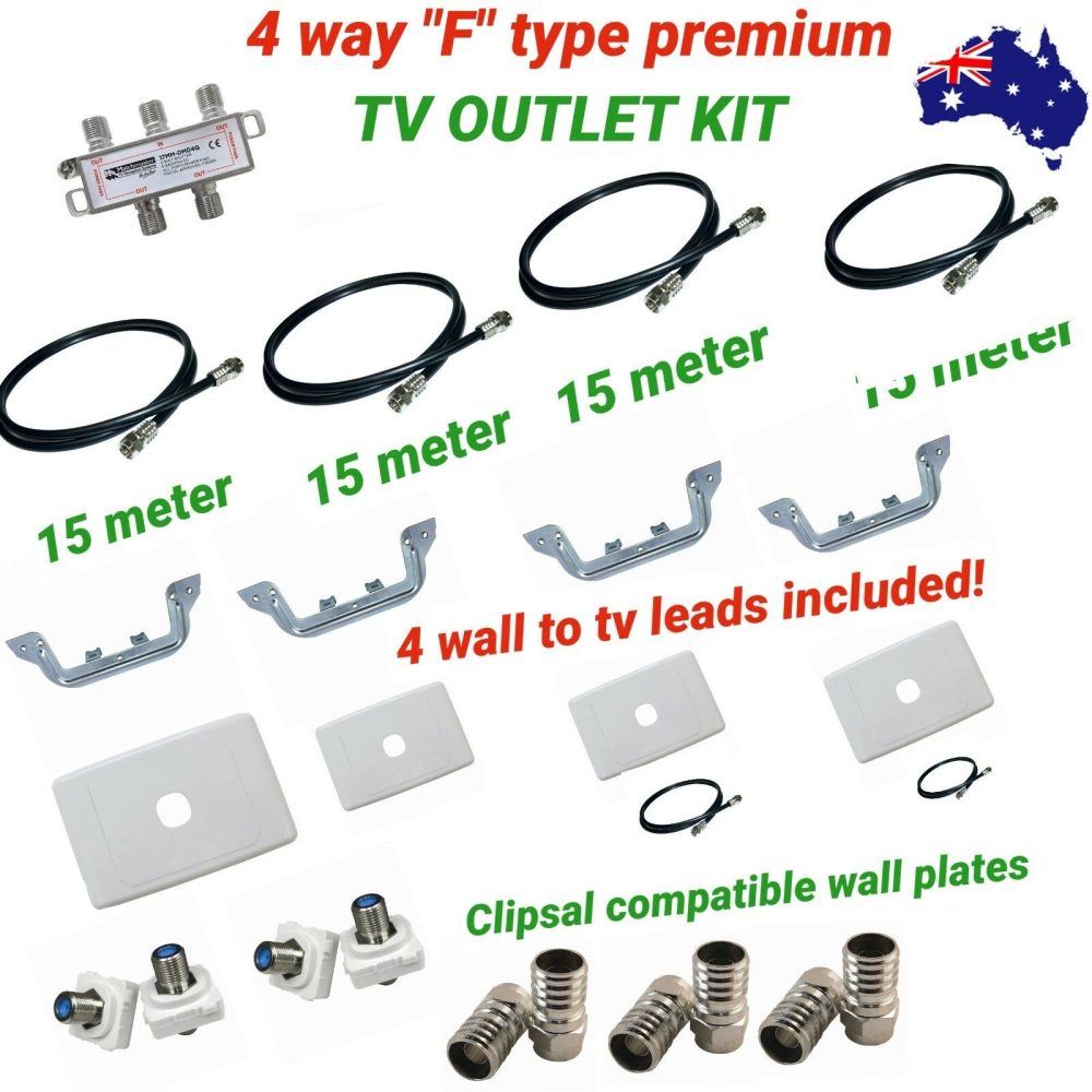 4 way tv outlet kit diy quality parts rg6 cable with fittings f type screw on A1