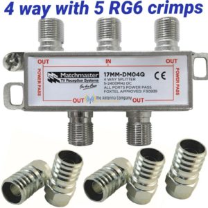 tv antenna splitter industry standard 4 way quality f type with 5 x RG6 crimps.